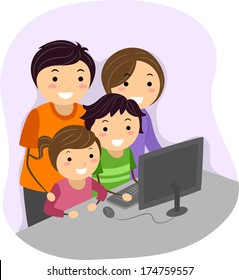 Illustration of a Family Huddled Together in Front of a Computer