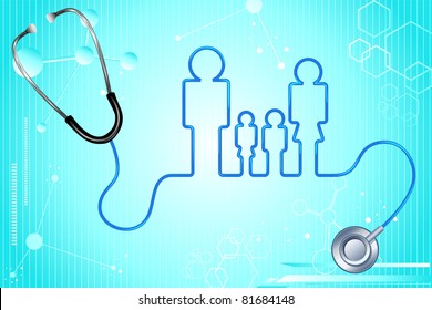 illustration of family icon with stethoscope on abstract medical background