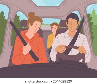 Illustration Of Family Inside Car On Trip. Vector Flat Cartoon Illustration Of People In Car Mom, Dad, Son. Illustration Of Lifestyle.