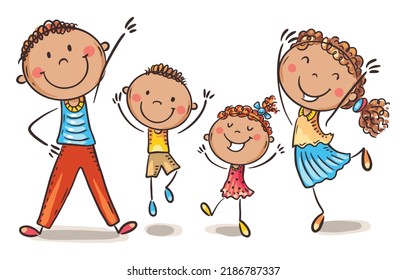 Illustration of family jumping with joy. Isolated cartoon characters