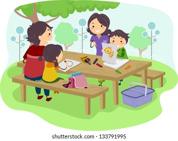 Illustration of a Family with Kids drawing while having their Picnic at the Park