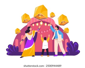 : Ilustración de una familia que enciende las linternas para Diwali en un estilo vibrante, festivo. Esta Ilustración vectorial es perfecta para decoraciones navideñas y promociones de festivales.