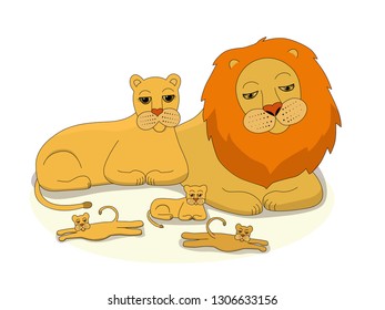 Illustration family lions during vacation  The big father is lion  mother is lioness    three babies are lion  Wild animals africa  Family big wild cats 
