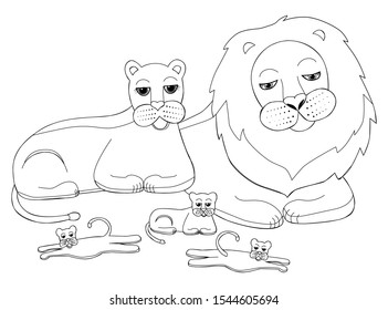 Illustration of a family of lions during a vacation. The big father is a lion, mother is a lioness, and three babies are lion. Wild animals of africa. Family of big wild cats.