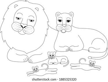 Illustration family lions during vacation  The big father is lion  mother is lioness    three babies are lion  Wild animals africa  Family big wild cats 