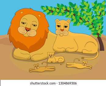 Illustration family lions in natural environment  A lion  lioness   three cubs walk in the shade bush  Picture living nature for children  Family lions during the rest 