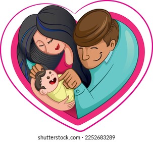 Illustration family love and a heart, Mom, Dad and baby forming a heart. Colorful. Ideal for promotional and institutional materials