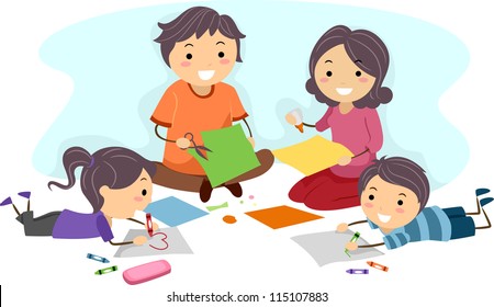 Illustration of a Family Making Paper Crafts Together