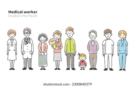 Illustration of family and medical workers.