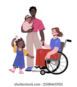 An illustration of a family of mom, dad and two daughters. Family members of different ethnicities and a family member with a disability. A girl in a wheelchair with her family