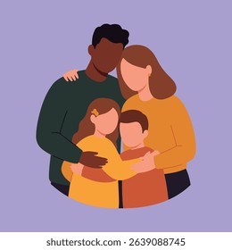Illustration of a family (mother, father, child) embracing.