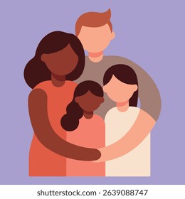 Illustration of a family (mother, father, child) hugging from behind.