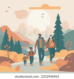 Ilustración de una familia en la naturaleza con un diseño plano, estética minimalista. Familia que disfruta de varias actividades al aire libre como senderismo, ciclismo o juegos