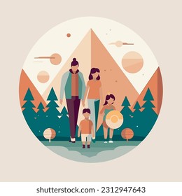 Illustration of a family in nature using a flat design, minimalism style. Family engaging in outdoor activities like hiking, fishing, or having a picnic. Connection to nature