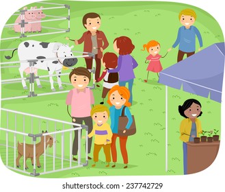 Illustration of a Family Observing Stalls in a Farm Expo