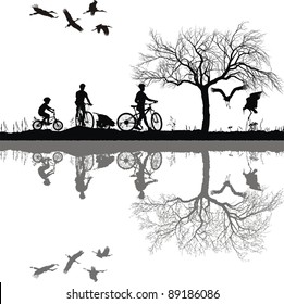 Illustration of a family on bicycles and their reflection in water