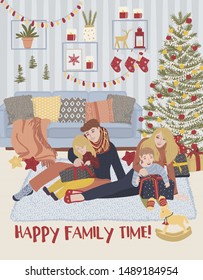 Illustration Of A Family On Christmas Time Opening Presents And Gifts