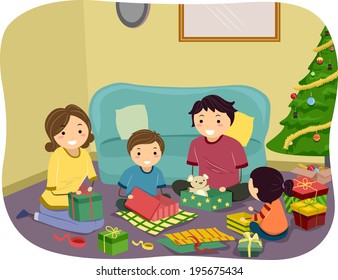 Illustration of a Family Opening Christmas Gifts Together