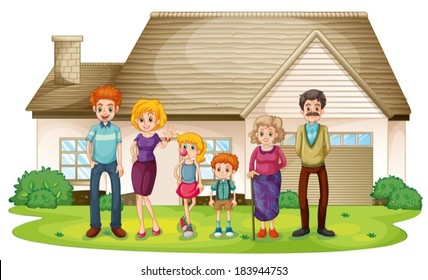 Illustration Of A Family Outside Their Big House On A White Background