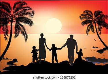 illustration with family and palm trees silhouettes at sea sunset