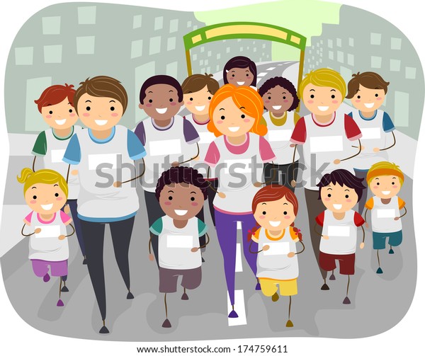Illustration Family Participating Fun Run Together Stock Vector