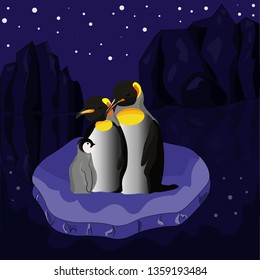 Illustration of family of penguins on a dark arctic night background.
