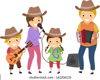 Illustration of a Family Performing as a Country Band