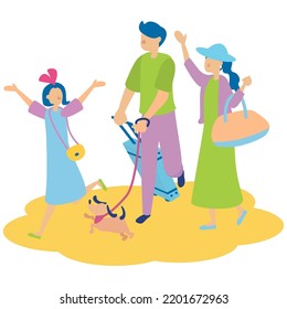 It is an illustration of a family and a pet dog traveling with a suit.