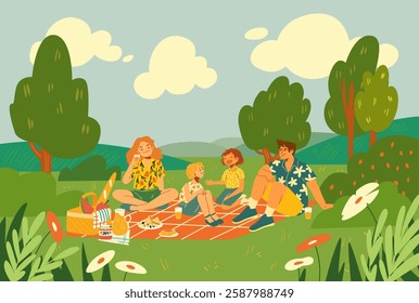 Illustration of a family picnic. Dad, mom and daughter are relaxing in nature. Parents and children on vacation.