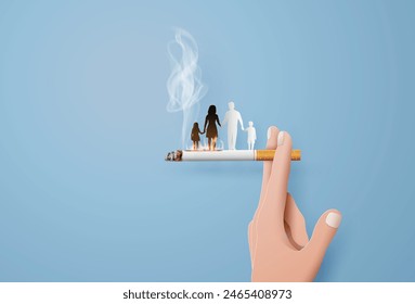  Illustration of a family placed on a cigarette held by hand, emphasizing danger of secondhand smoke.