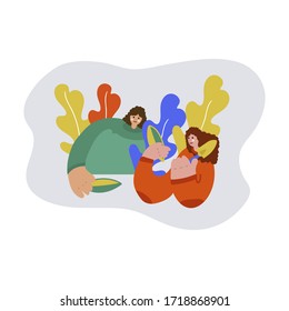 Illustration of a family planting a joint. Freehand drawing illustrating the learning process of plant growing. Family drawing, two sisters spending time together