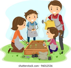 Illustration of a Family Planting Plants Together