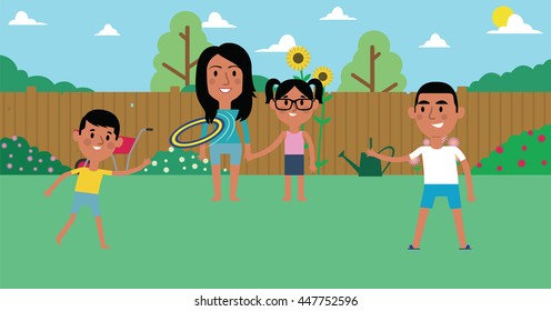 Illustration Of Family Playing With Frisbee In Garden