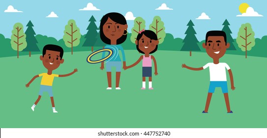 Illustration Of Family Playing With Frisbee In Park Together