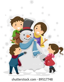 Illustration of a Family Playing with a Snowman