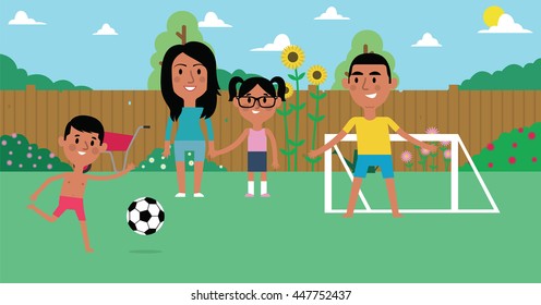 Illustration Of Family Playing Soccer In Garden Together