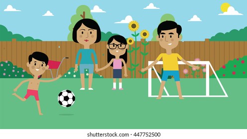 Illustration Of Family Playing Soccer In Garden Together