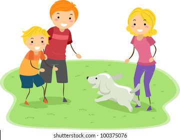 Illustration of a Family Playing with Their Dog