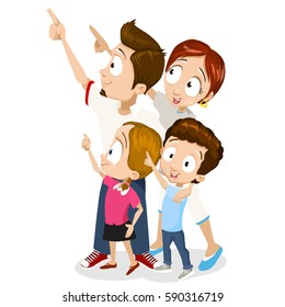 Illustration of a family pointing to something