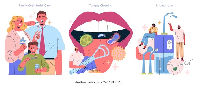 Illustration of a family practicing oral health care with toothpaste, mouthwash, and toothbrushes. Visuals of tongue cleaning and irrigator use highlight dental hygiene.