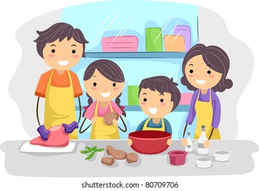 Illustration of a Family Preparing Ingredients for Cooking