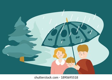 Illustration of family protection under umbrella insurance. Outdoor rain. Vector flat design 