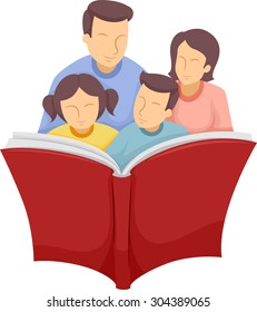 Illustration of a Family Reading a Large Book Together