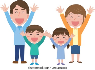 Illustration of a family rejoicing with both hands raised