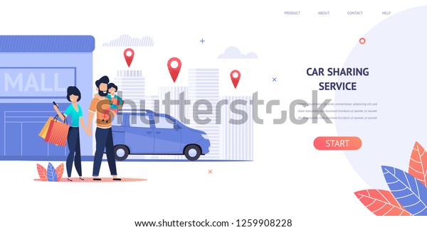 Illustration Family Rent Car near Shopping\
Mall. Vector Banner Smart Car Sharing Service any Location City.\
Woman Uses Mobile Application on Phone. Man Hold Daughter Hand.\
Husband and Wife.\
Cityscape