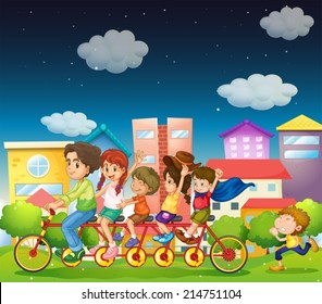 Illustration of a family riding bicycle