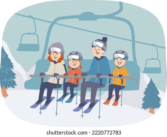 Illustration of a family riding a ski lift