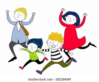  illustration of family running after each other