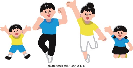 Illustration of a family in short-sleeved jumping