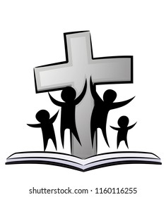 Illustration of a Family Silhouette with a Cross and a Bible